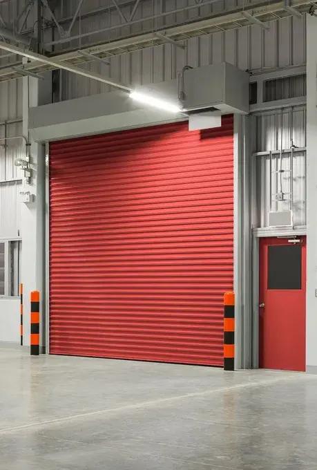 A red commercial overhead garage door