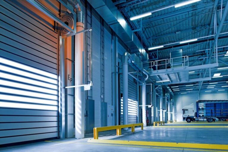 An overhead door in a warehouse