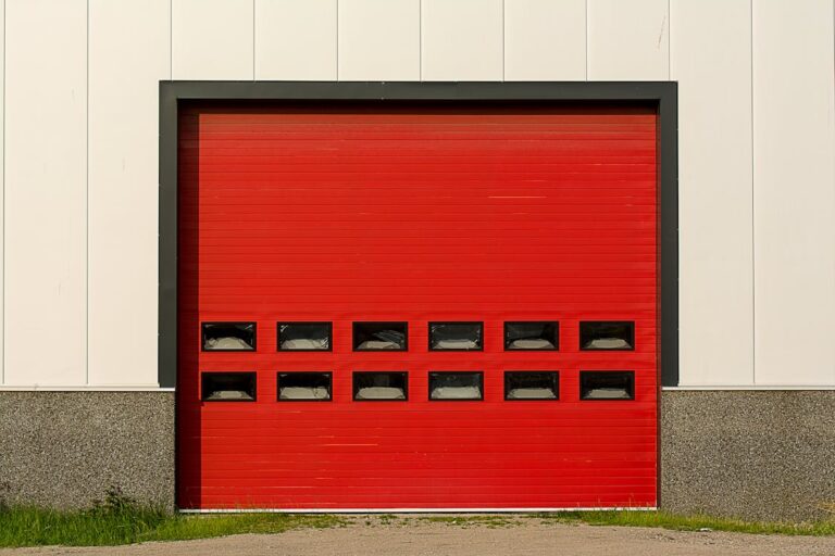 Red overhead garage door on a concrete wall building.